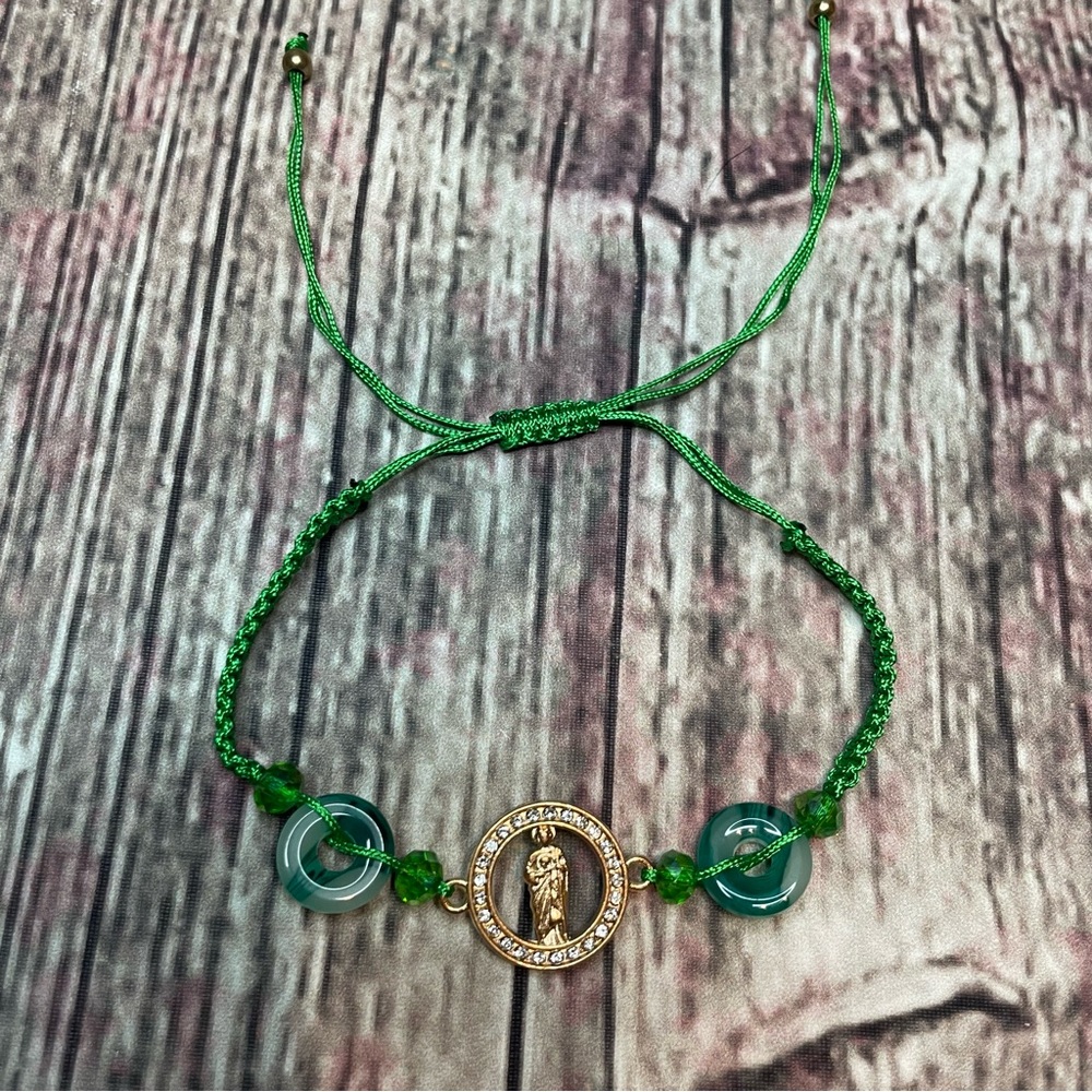 San Judas Tadeo Green String Adjustable Bracelet - Picture 4 of 6